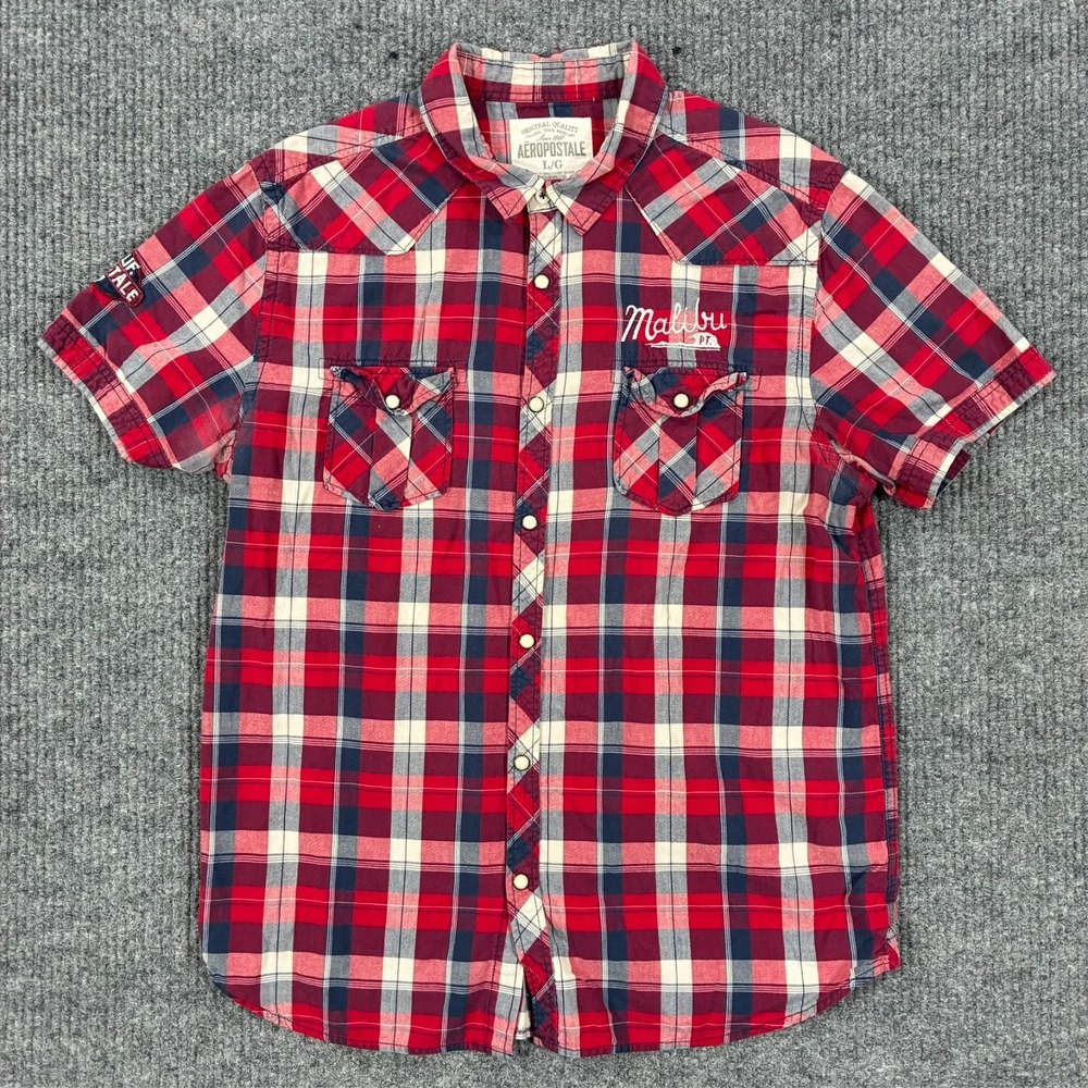 Aeropostale Mens Button Up Shirt Size Large Red Plaid Cotton Short Sleeve